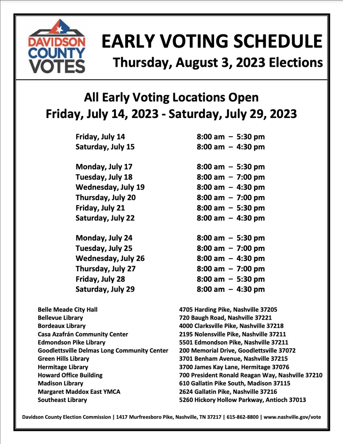 Davidson Co Vote Schedule and locations